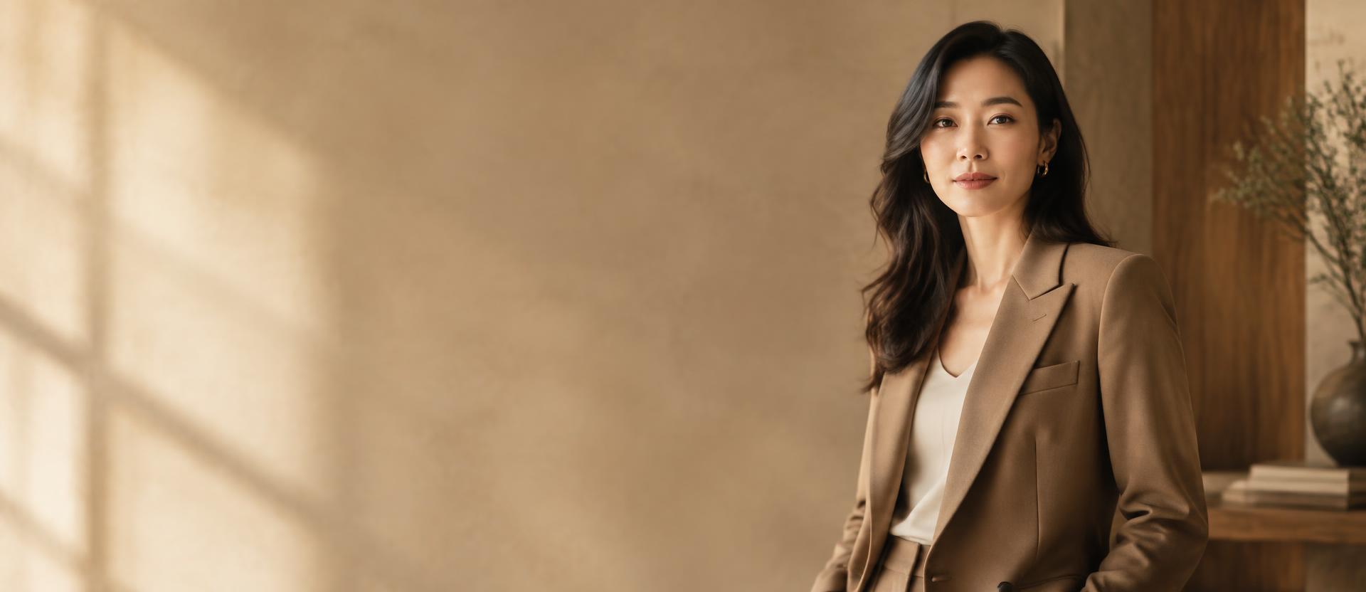 a chinese professional woman in a warm brown, light-filled contemporary space